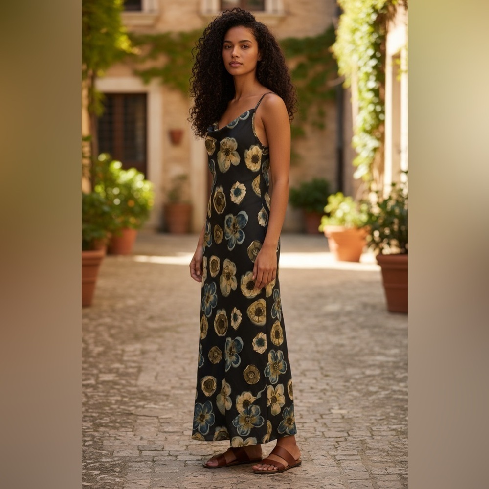3/$30 ☀️ PJLA Vintage Floral Blue and Green Maxi Dress with Spaghetti Straps